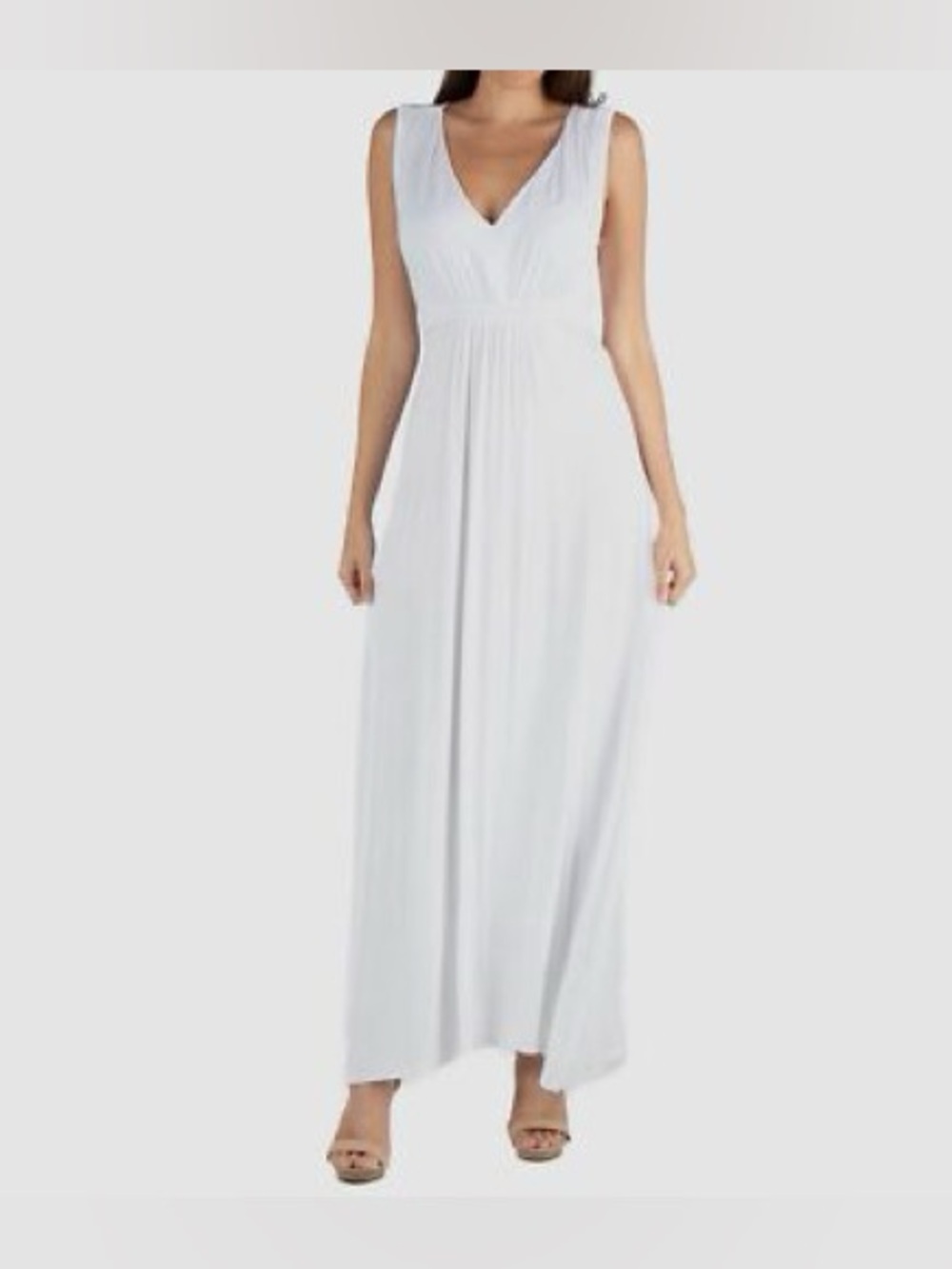 NWT 24Seven Comfort Apparel V Neck Empire Waist Maxi Dress in White - Size L